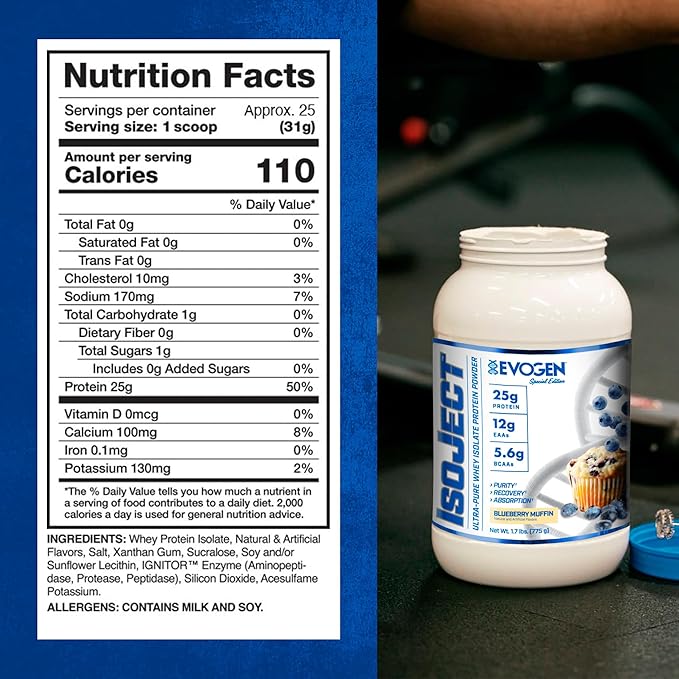 Evogen Isoject - Whey Protein Isolate | Ultra-Pure Whey Protein Powder with Ignitor Enzymes BCAAs and EAAs | Enhanced Absorption &amp Recovery | Blueberry Muffin | 25 Servings