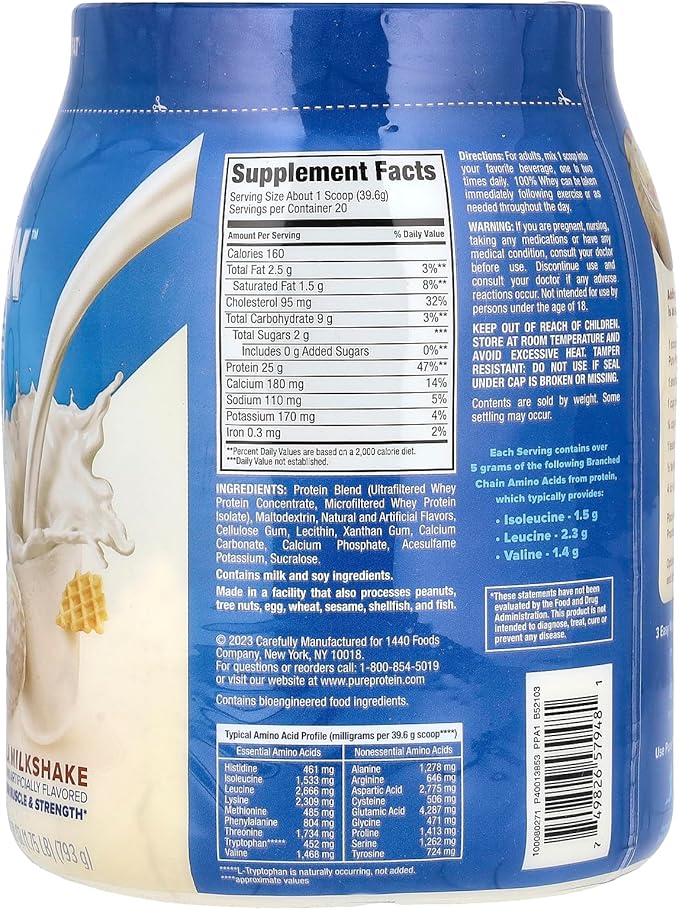 Pure Protein Powder Whey High Protein Low Sugar Gluten Free Vanilla Cream 1.75 lbs