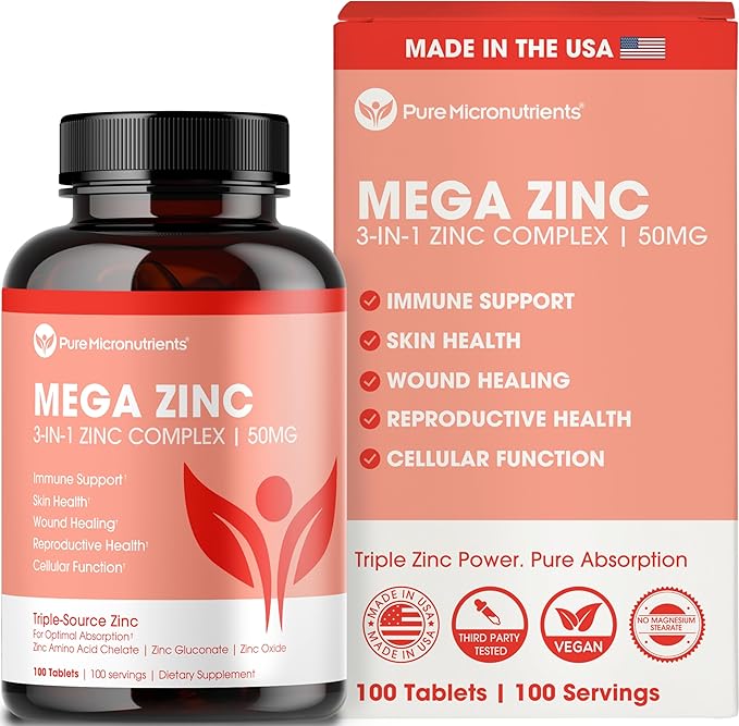 Mega Zinc Supplement 50mg 3-in-1 Zinc Complex 100 Tablets - Pure Micronutrients