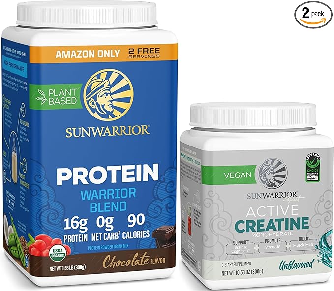 Creatine Powder &amp Chocolate Organic Plant Based Protein Powder Set | Bundle &amp Save | Vegan Organic Protein plus Unflavored Creatine Monohydrate (60 Servings Unflavored 32 Servings Chocolate)