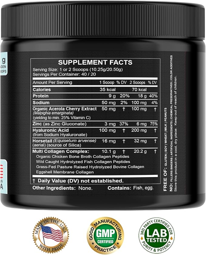 Collagen Peptides Powder with Vitamin C &amp Hyaluronic Acid - from Organic Cleanest Sources &amp Super High Absorption - Hydrolyzed Multi Type I II III V X - Skin Hair Supplement Made in USA