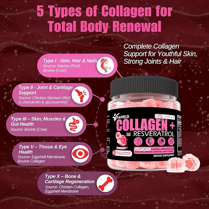 Multi Collagen Gummies Hydrolyzed Type I II III V X Plus Resveratrol Hyaluronic Acid &amp Biotin Gummies for Hair Skin and Nails Vitamins | Multi Collagen Peptides | Sugar Free