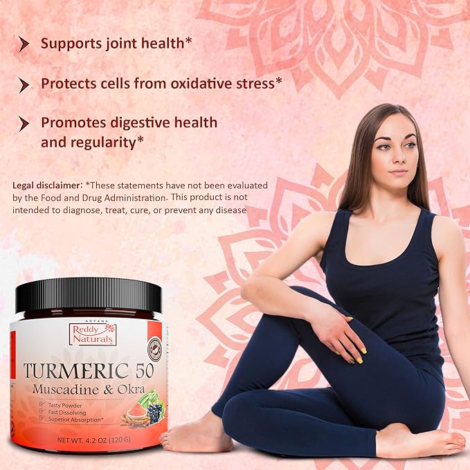 Reddy Naturals Aryana Turmeric 50 – Organic Turmeric Supplement Powder with Muscadine Grape &amp Okra – Fast-Dissolving Plant-Based Formula for Daily Wellness – 30 Servings