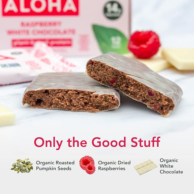 ALOHA Organic Plant Based Protein Bars | Raspberry White Chocolate | 12 Count 1.98oz Bars | Vegan Low Sugar Gluten Free Paleo Low Carb Non-GMO Stevia Free Soy Free No Sugar Alcohol Sweeteners
