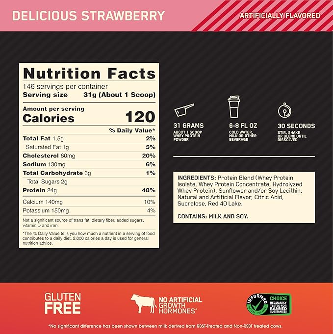 Optimum Nutrition Gold Standard 100% Whey Protein Powder Delicious Strawberry 10 Pound (Packaging May Vary)