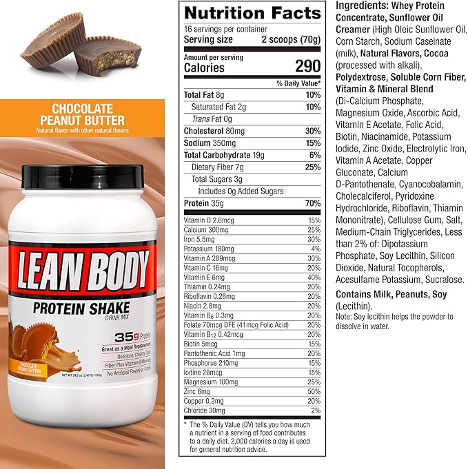 LABRADA Nutrition – Lean Body High Protein Meal Replacement Shake Whey Protein Powder for Weight Loss and Muscle Growth Chocolate Peanut Butter 2.47LB Tub Packaging May Vary
