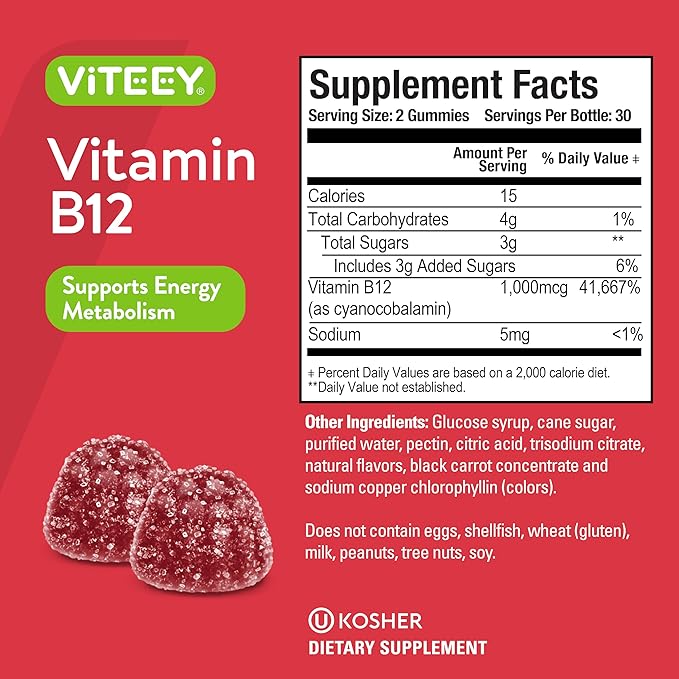 VITEEY Vitamin B12 Gummies - Cognitive Support and Energy Gummies - Vegan Gelatin Free Gluten Free - 60 Count