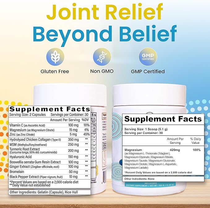 Magnesium Complex Powder &amp Enhanced Joint Relief Formula Bundle – 8 Types of Magnesium Collagen Turmeric Vitamin C for Joint &amp Bone Health Knee Muscle