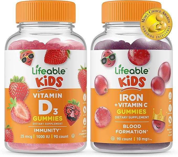 Lifeable Vitamin D Kids + Iron &amp Vitamin C Kids Gummies Bundle - Great Tasting Vitamin Supplement Gluten Free GMO Free Chewable Gummy