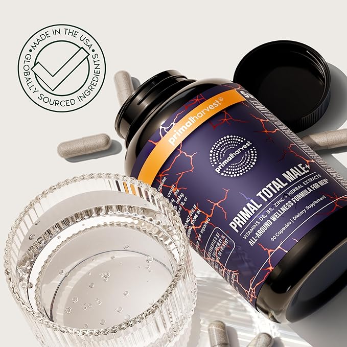 Primal Harvest Total Male+ Multivitamin for Men with Essential Vitamins Minerals and Herbal Support for Energy Vitality Immune Health and Performance