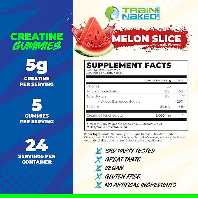 Creatine Gummies | Gummy Creatine Chewables for Men &amp Women | 5g per Serving | Gluten Free &amp Vegan | 120 Gummies 24 Servings (Melon Slice)
