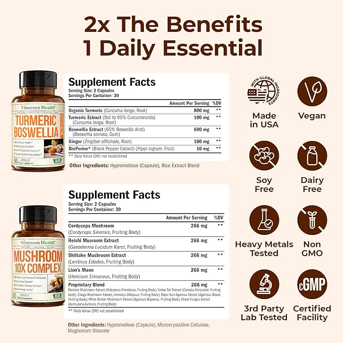 Boswellia Turmeric Curcumin Supplement + 10-in-1 Mushroom Powder Supplement Bundle – Supports Joint Health Memory &amp Focus – with Ginger Organic Turmeric Powder Lion’s Mane Reishi Mushroom &amp