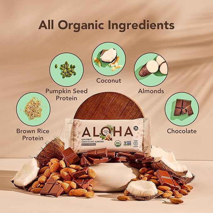 ALOHA Organic Plant Based Protein Bars - Chocolate Coconut Almond Vegan Low Sugar Gluten-Free Low Carb Non-GMO No Stevia No Erythritol - 12 Count (Pack of 1)