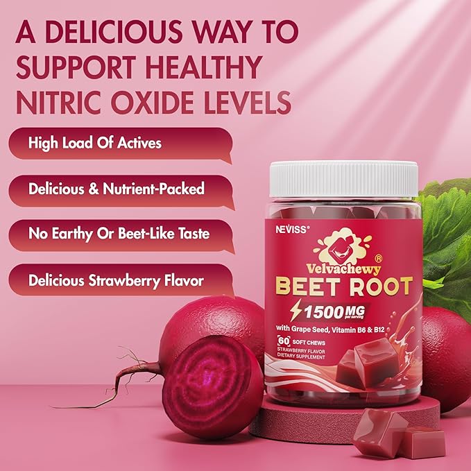 NEVISS Beet Héāŗt Chews 1500mg Nitric Oxide and Blood Préssũre Support 5 in 1 Beets Supplements w/Grape Seed L-Citrulline Vitamin B6 &amp B12 for Energy &amp Circulation Support 60 Chews Sugar