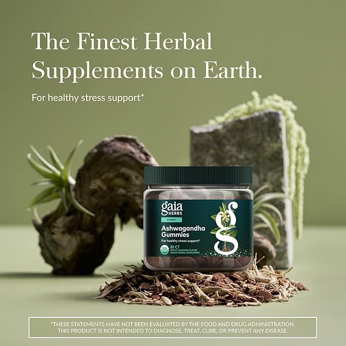 Gaia Herbs Organic Ashwagandha Gummies - Stress Support* - Made with Cinnamon &amp Ginger - Gluten Free &amp Vegan - 81 Count (27 Servings)