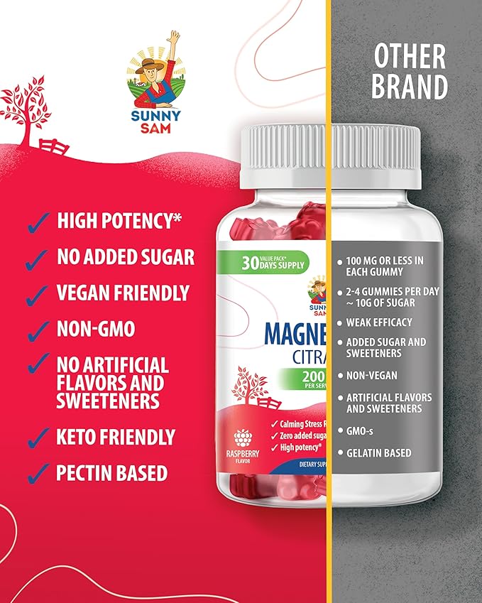 SUNNY SAM Magnesium Gummies for Kids &amp Adults - 200mg - Calm Magnesium Chews - Magnesium Citrate Chewable Supplement for Mood &amp Muscle Support