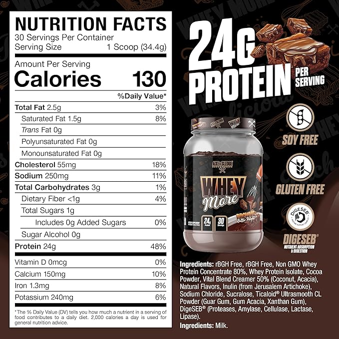 Axe &amp Sledge WHEY More Premium Protein Blend | 24g Protein Whey Concentrate &amp Isolate | Prebiotic Fiber for Enhanced Absorption | Creamy Delicious Versatile | 30 Servings Brownie Batter