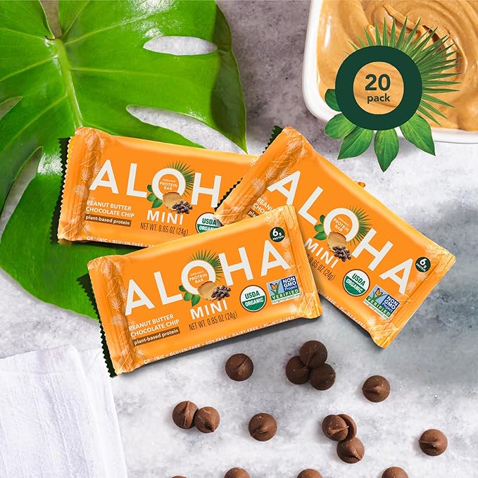 ALOHA Organic Plant Based Protein Bar MINIS |Peanut Butter Chocolate Chip | 20 Count 24g Bars | Vegan Low Sugar Gluten Free Low Carb Non-GMO Stevia Free Soy Free No Sugar Alcohols