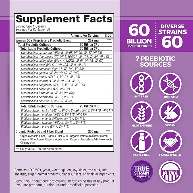 Vital Planet - Vital Flora Women Over 55 Daily Probiotic 60 Billion CFU Diverse Strains Organic Prebiotics Vaginal and Immune Support Digestive Health Probiotics for Women 60 Capsules