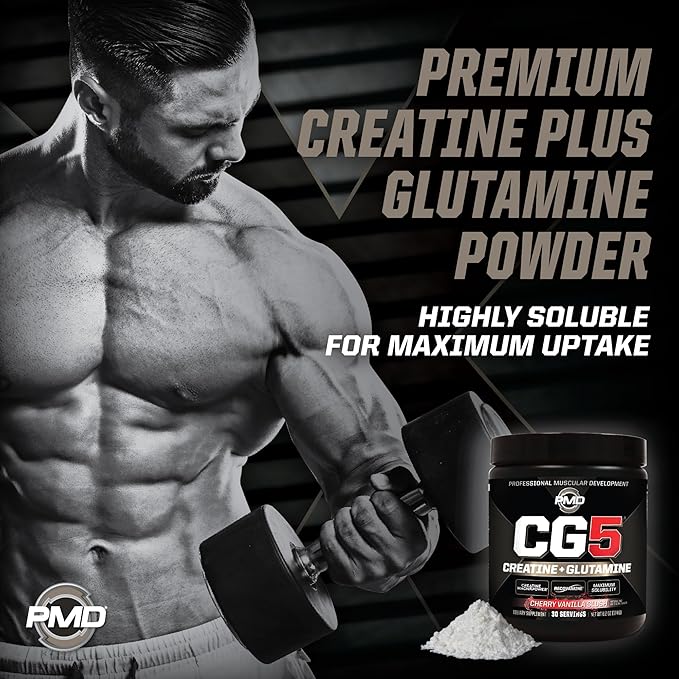 PMD Sports CG5 - Premium Creatine and L Glutamine Powder - Maximum Strength Power Recovery Build Lean Muscle Increase Performance - Pre-Workout and Post Workout - Cherry Vanilla Slush (30 Servings)