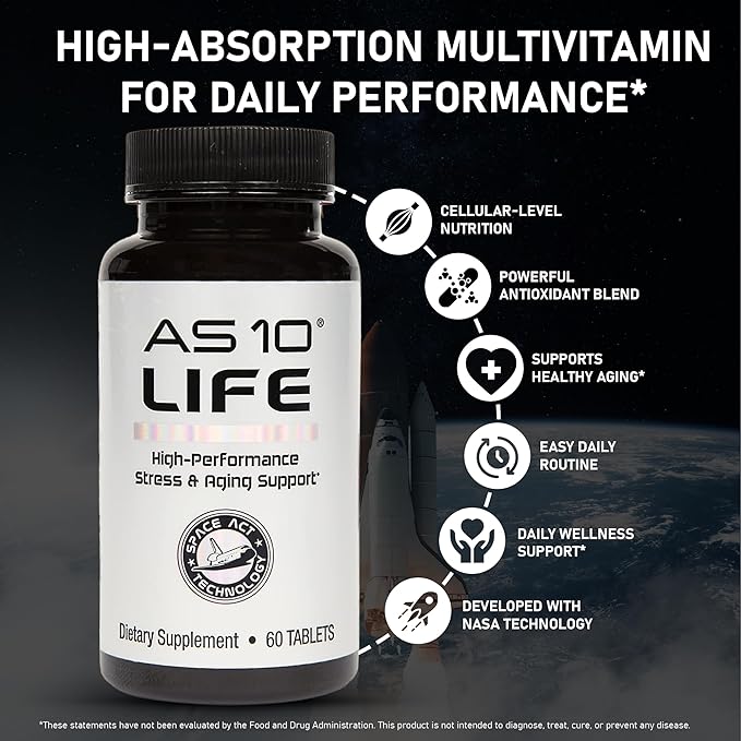 AS 10® Life – Stress Immune Support and Anti Aging Supplement - Multivitamin and Antioxidants Tablet Resveratrol Alpha Lipoic Acid Lutein and Zeaxanthin Co-Developed by NASA 60 ct