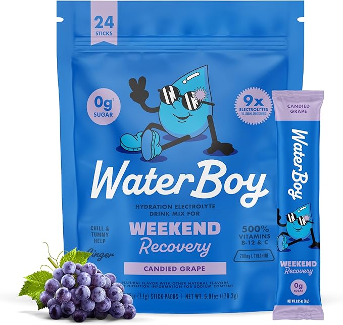 Waterboy Weekend Recovery | 3187mg Electrolyte Powder Packets | Ginger + L-Theanine + Vitamins | No Sugar All Natural Gluten Free | 24 Drink Stick Mixes (Grape)