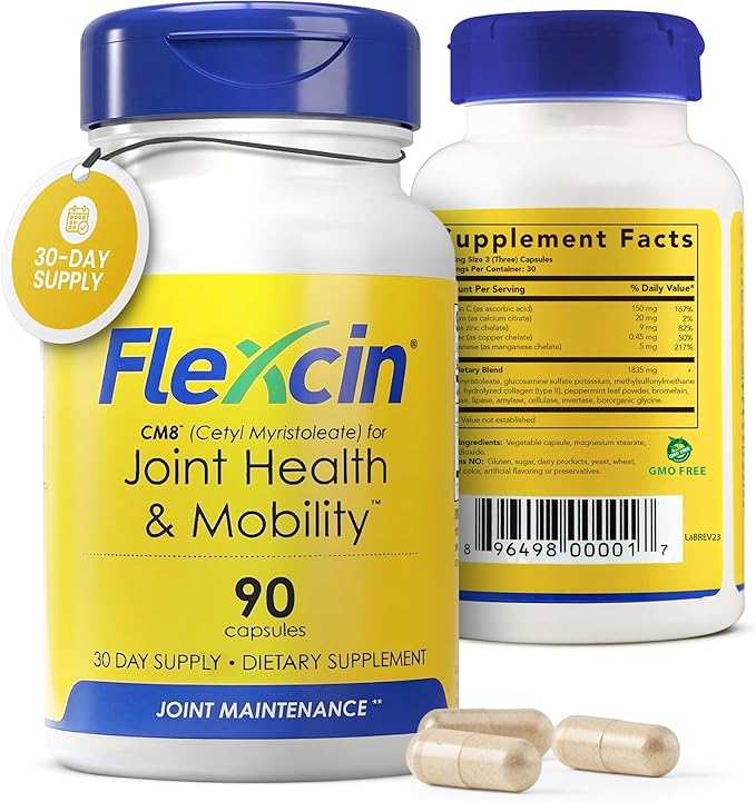 Flexcin Joint Health &amp Mobility Formula with CM8 (Cetyl Myristoleate) - Joint Supplements for Men and Women with Glucosamine MSM Collagen Type II - 90 Capsules