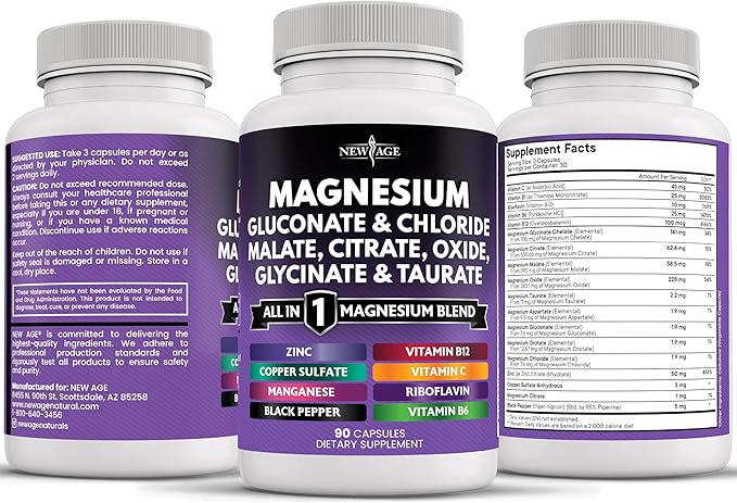 NEW AGE Magnesium Supplement -Powerful Glycinate Citrate Malate Oxide Taurate Aspartate Gluconate Orotate &amp Mag Chloride Manganese Joint Support- 180 Count