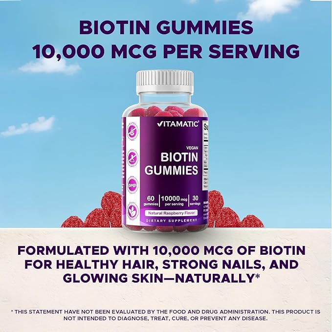 Vitamatic Biotin Gummies 10000 mcg for Stronger Hair Skin &amp Nails - 60 Vegan Gummies - Also Called Vitamin B7 (3 Bottles)
