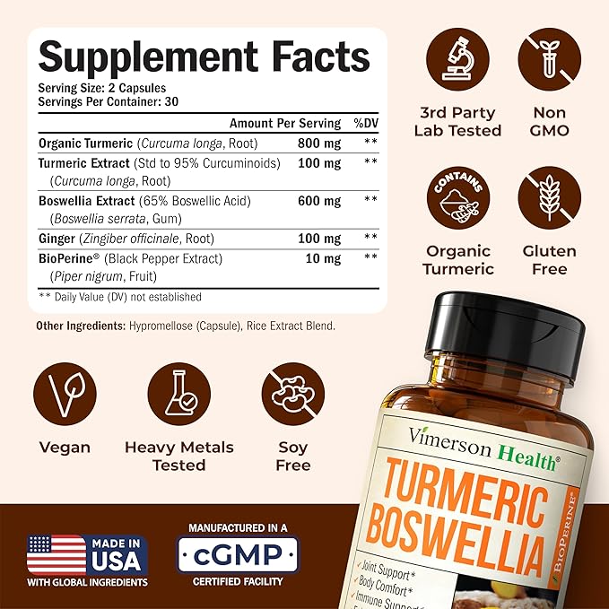 Boswellia Serrata Turmeric Supplement for Joint Support &amp Inflammation Balance – Turmeric Boswellia Supplement with Ginger &amp Black Pepper Extract for Enhanced Absorption – Non-GMO - 2pack