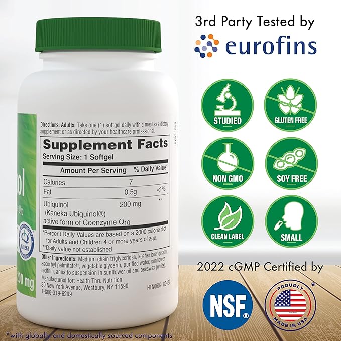 Health Thru Nutrition Ubiquinol 200mg 90 Softgels as Kaneka QH Reduced CoQ-10 | Stabilized - 3rd Party Tested | Enhanced Bioavailability | Cardiovascular &amp Mitochondria Function Support | Non-GMO