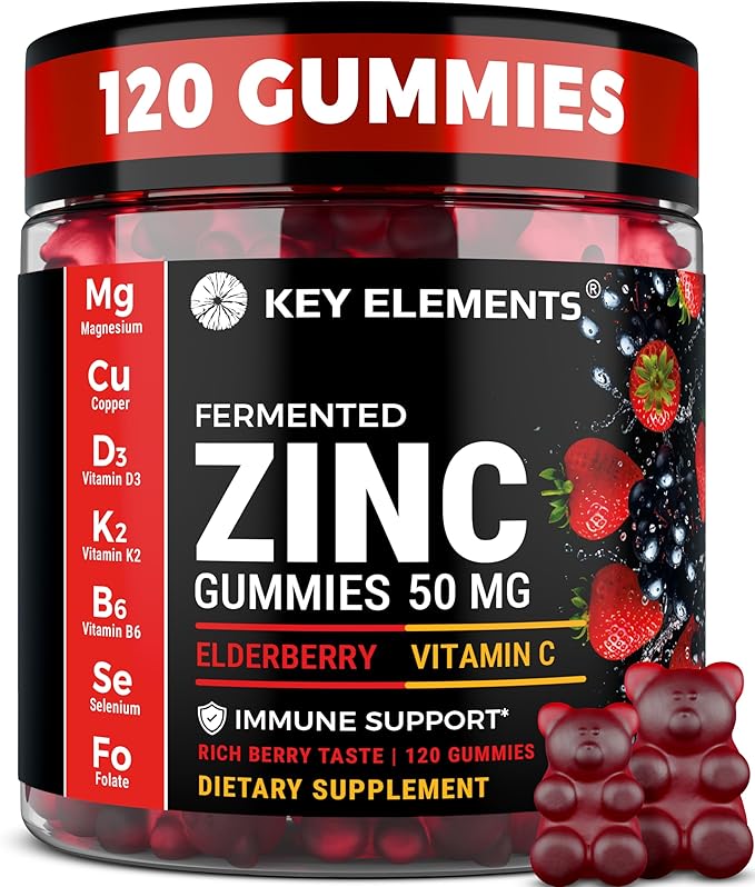 Immune Support Zinc Gummies 50mg with Elderberry Vitamin C and Zinc Supplements - Natural Antioxidant with Copper Vitamin D3 K2 Magnesium - Rich Berry Taste Sugar-Free 120 Gummies