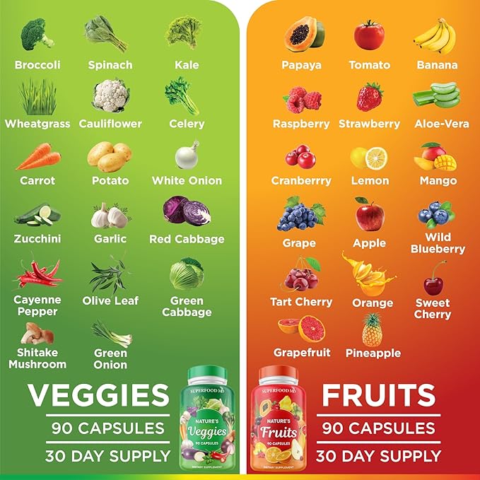 Superfood MD Fruits &amp Veggies Supplement - Whole Food Natural Superfoods - with Beta Carotene - Soy Free- 90 Count (Pack of 2)