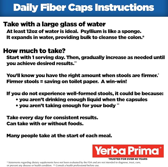 Yerba Prima Daily Fiber Formula - 180 caps (Pack of 2) - Soluble &amp Insoluble Dietary Fiber Supplement - Colon Cleanse - Gut Health - Vegan Non-GMO Gluten-Free
