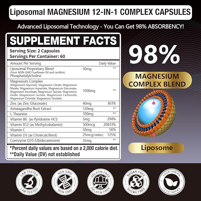 2 Packs Liposomal 1400mg Magnesium Complex (Citrate Glycinate Malate etc) Capsule - 12 Active Types Magnesium with Vitamin D3 B6 B12 C Ashwagandha &amp CoQ10 for Women &amp Men -Support Bone &