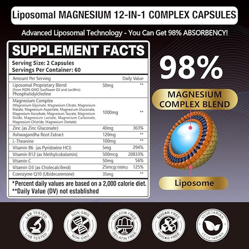 2 Packs Liposomal 1400mg Magnesium Complex (Citrate Glycinate Malate etc) Capsule - 12 Active Types Magnesium with Vitamin D3 B6 B12 C Ashwagandha &amp CoQ10 for Women &amp Men -Support Bone &
