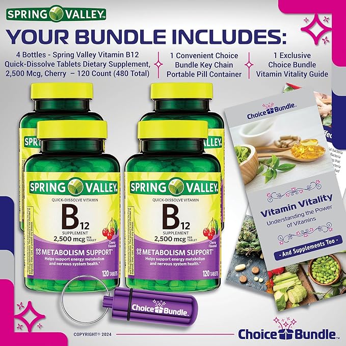 Spring Valley Vitamin B12 Quick Dissolve Tablets 2500 Mcg B Vitamins Complex 120 Ct 4 pk (480 Total) + Vitamin Vitality &amp Pill Container (6 Items)!