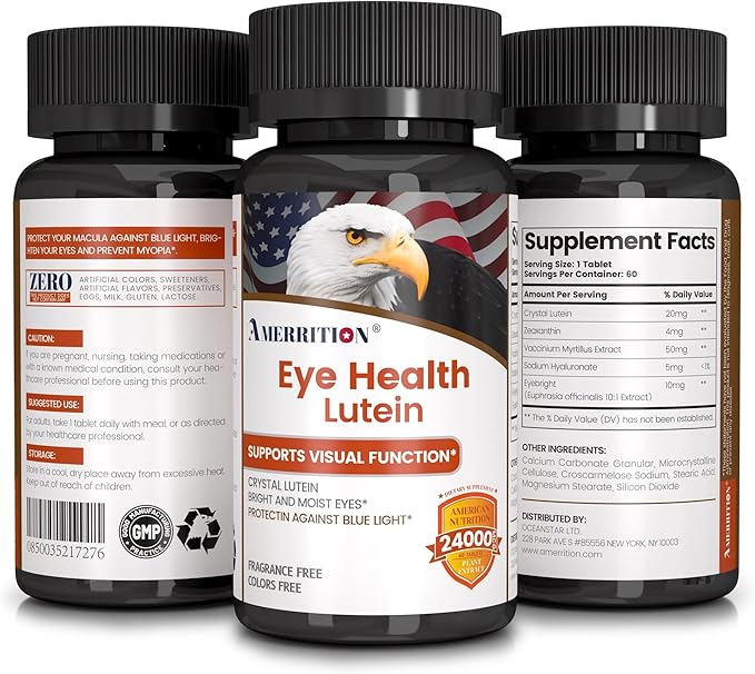 Advanced Lutein Eye Health Supplement - Enhanced with Zeaxanthin Supports Vision &amp Eye Health - Non-GMO &amp Gluten Free - Natural Eye Vitamin Tablets - 60ct