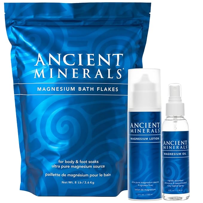 Ancient Minerals Magnesium Bath Flakes - Magnesium Oil Spray and Magnesium Lotion - High-Absorption Efficiency for Relaxation Wellness &amp Muscle Relief