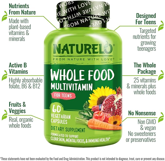 NATURELO Multivitamins for Teenage Girls/Boys 60 Capsules Whole Food Multivitamin with Minerals Non-GMO Vegetarian