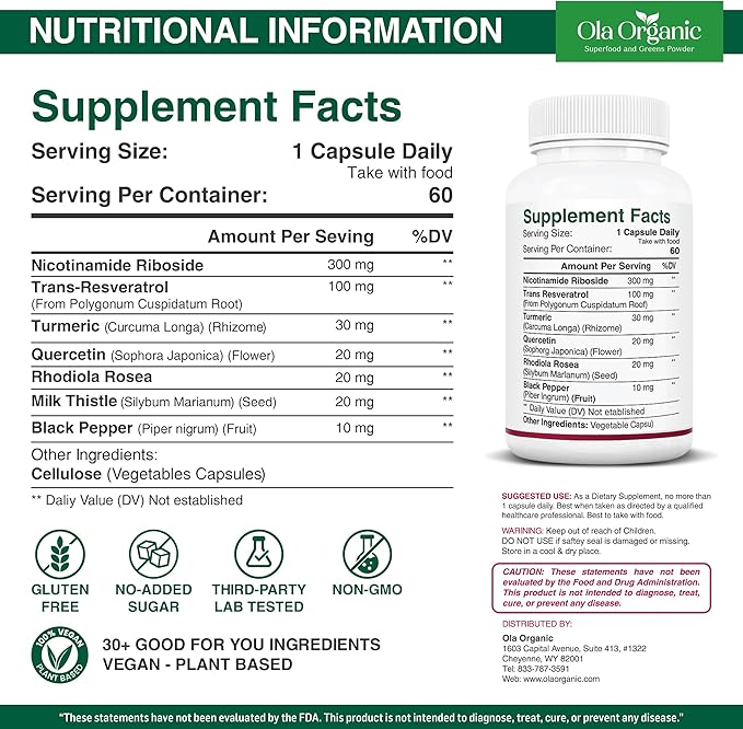 NAD+ Supplement &amp NAD Booster for Cellular Energy and Healthy Aging – Plant-Based Nicotinamide Riboside (NR) NAD Precursor with Resveratrol Turmeric Quercetin Rhodiola &amp Milk Thistle – 60 C