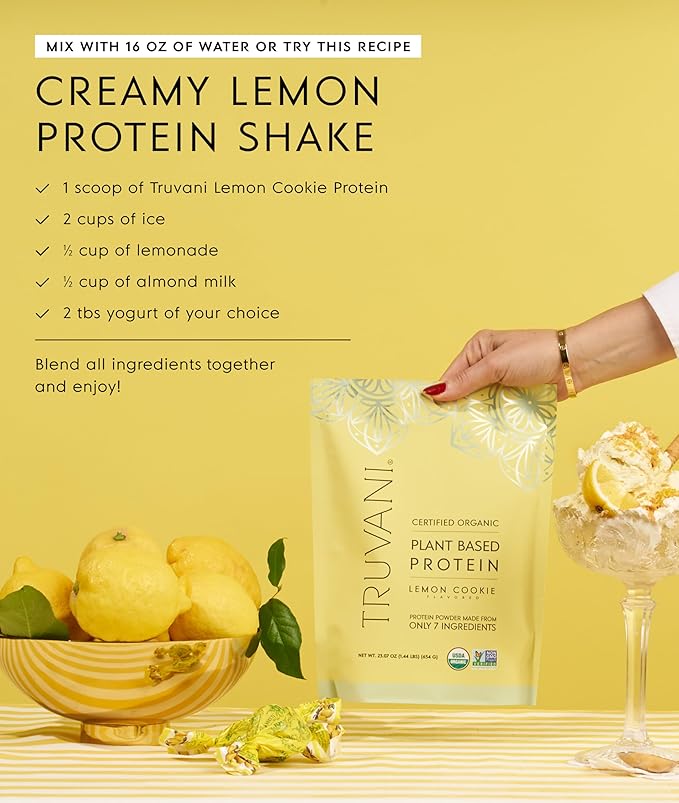 Truvani Vegan Pea Protein Powder | Lemon Cookie | 20g Organic Plant Based Protein | 20 Servings | Keto | Gluten &amp Dairy Free | Low Carb | No Added Sugar