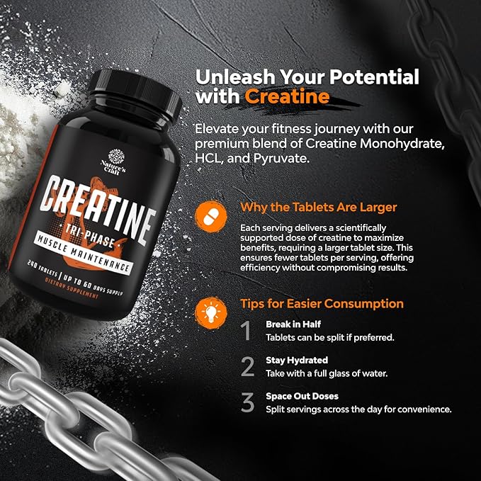 Natures Craft High Strength Tri Phase Creatine Tablets for Women &amp Men - Formula Blend of Creatine Monohydrate 300mg HCL &amp Pyruvate Supplement - Muscle Mass Gain &amp Recovery Supplement - 2
