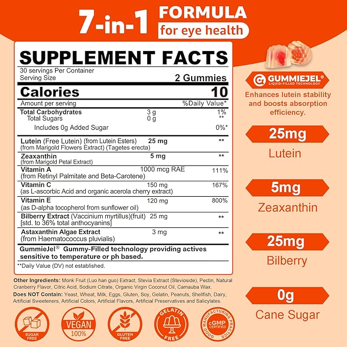 Sugar-Free Lutein Zeaxanthin Supplements Gummies (25mg) Vitamins A C E Bilberry Astaxanthin - Coconut Oil for Better Absorption - Adults &amp Teens Vision Health Eye Strain Dry Eyes - Vegan 60