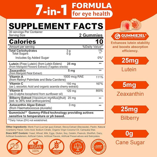 2 Pack Lutein and Zeaxanthin Supplements Gummies (25mg) Vitamins A C E Bilberry Astaxanthin - Coconut Oil for Better Absorption - for Adults &amp Teens Vision Eye Brain Skin - Vegan Sugar Fre
