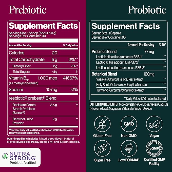 Power Gut Bundle - Lung Probiotic &amp Prebiotic Clinically Trialed Respiratory Health Support &amp Metabolism Boost Supplement Vitamins - resB (90 Servings) &amp prebeet (90 Servings)