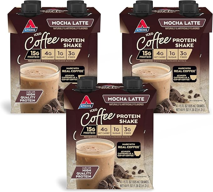 Atkins Creamy Vanilla Protein Shake 15g Protein Low Glycemic 2g Net Carb 1g Sugar Keto Friendly 12 Count &amp Mocha Latte Iced Coffee Protein Shake 15g Protein Low Glycemic 4g Net Carb 1g S