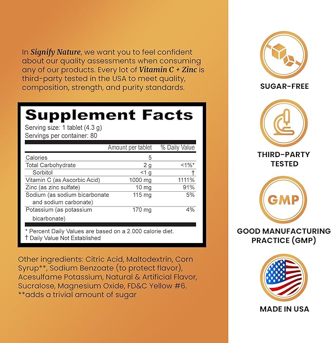 SIGNIFY NATURE Vitamin C 1000mg Effervescent Tablets - Potent Immune Support VIT C with Zinc Supplement - Sugar-Free &amp Vegan Formula | Dissolvable Vitamin C Tablets - Water Soluble Fizzy Elixir -