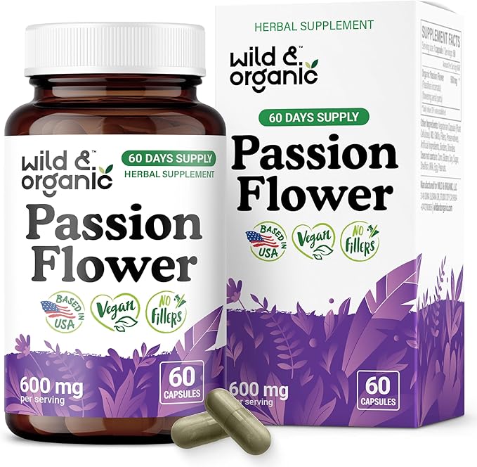 Wild &amp Organic Passion Flower Capsules 600 mg - Relaxation &amp Mood Support - Passionflower Extract Supplement - Passiflora Incarnata Herb - Vegan No Fillers Non-GMO - 60 Count