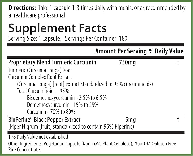 PURE® Turmeric Curcumin 750mg with BioPerine® - 180 Capsules 6 Month Supply - High Absorption Joint Support &amp Anti-Inflammatory Supplement - 95% Curcuminoids Antioxidant Complex - Made in USA